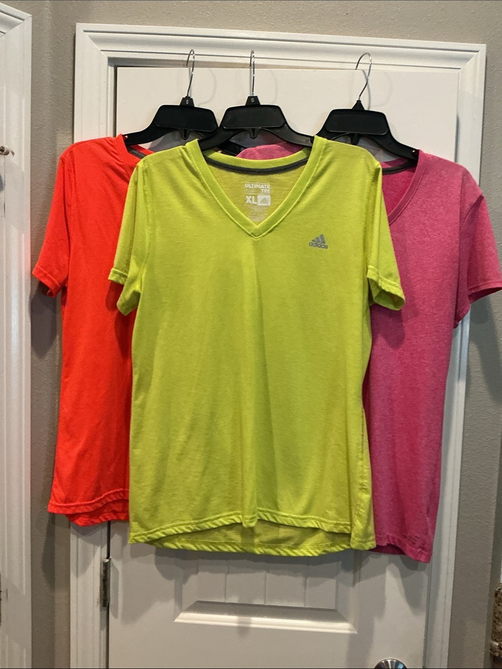 2 adidas V-Neck Performance Tees in Neon Yellow and Coral. 1 BCG pink